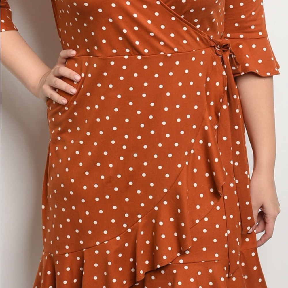 Earth Tone Brown Color V-neck Polka Dot Side Tie Waist Plus Dress - Picture 2 of 8